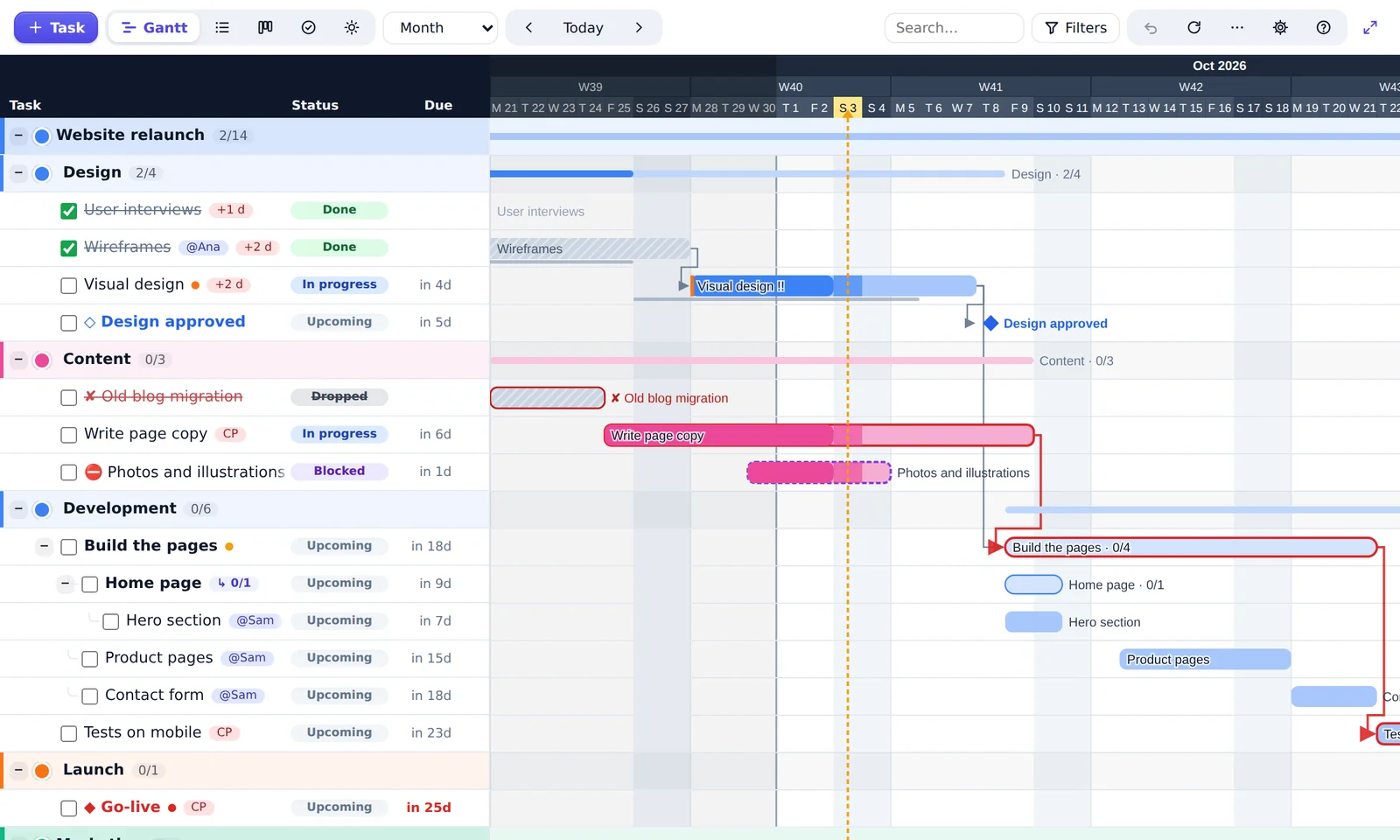 CalGantt Gantt chart: a website project with design, content and development tasks, dependencies, a milestone and the critical path in red