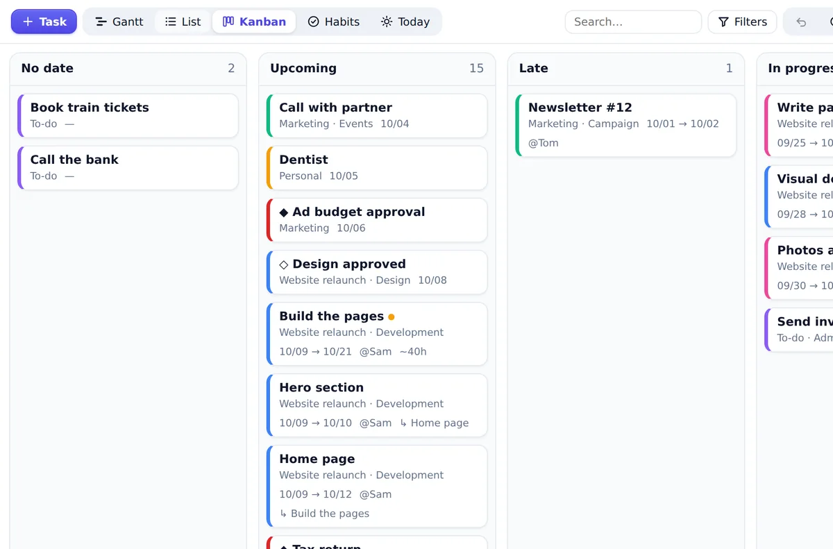 CalGantt Kanban board with No date, Upcoming, Late, In progress and Done columns
