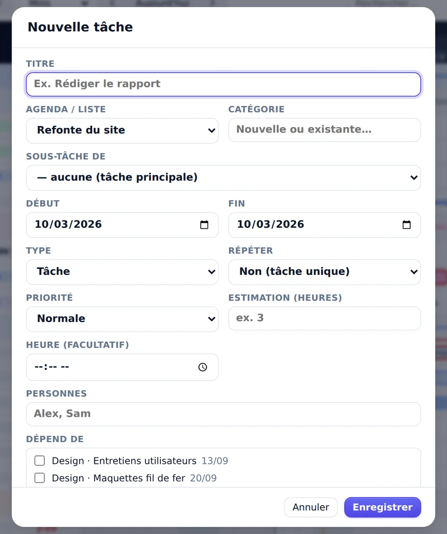 Formulaire de nouvelle tâche CalGantt : agenda, catégorie, dates, type, répétition, priorité, estimation, personnes et dépendances